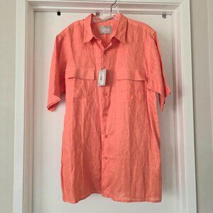 New BRUNO Men's Washable Linen Button Up Shirt Short Sleeve Pockets Coral Large